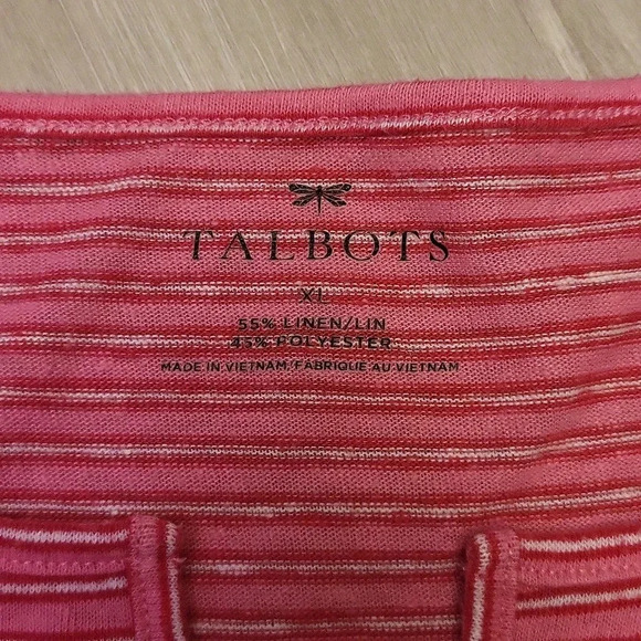 🛍Talbots Pink Striped Short Sleeve Womens Linen‎ Tee Size XL - Picture 2 of 6